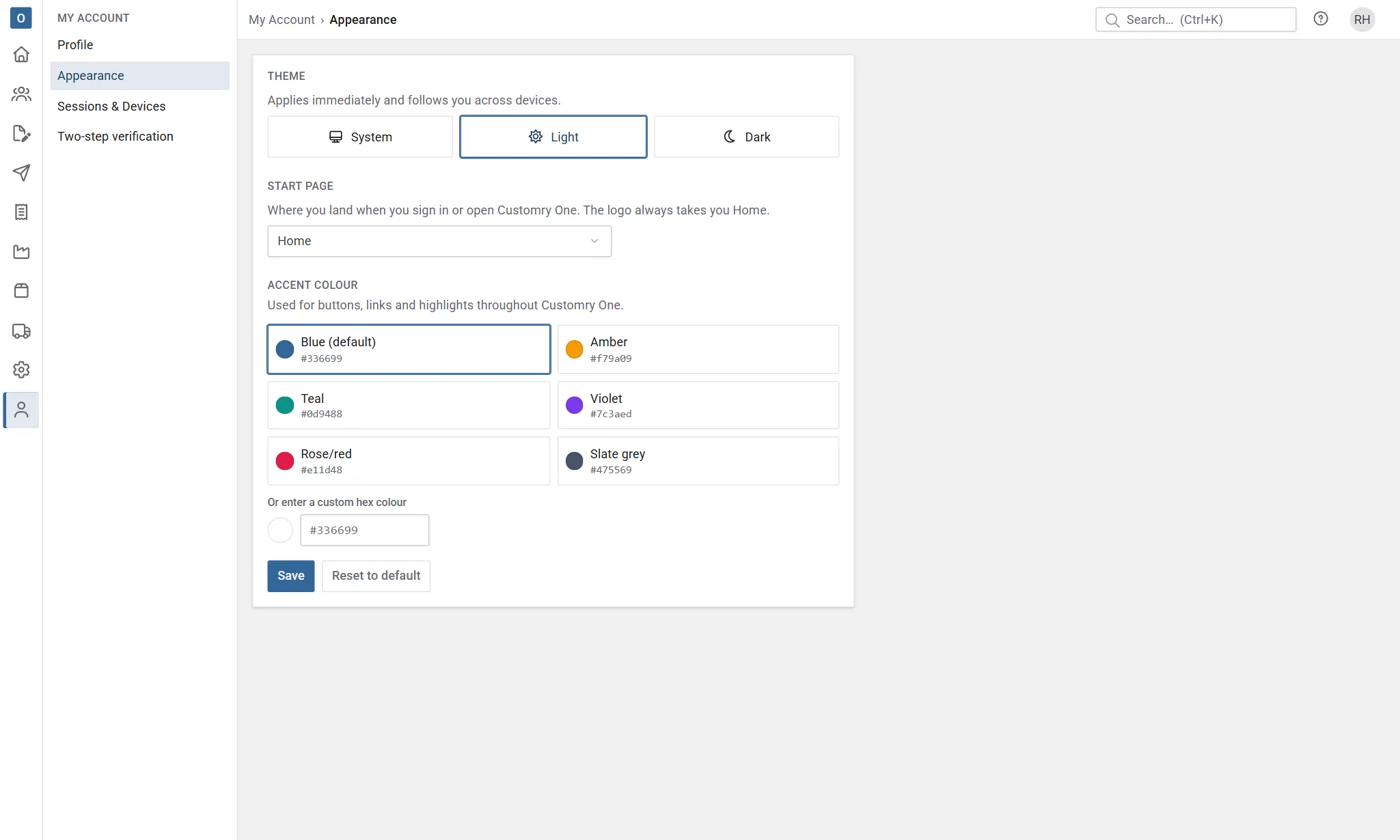 The Appearance page: theme, start page and accent colour.