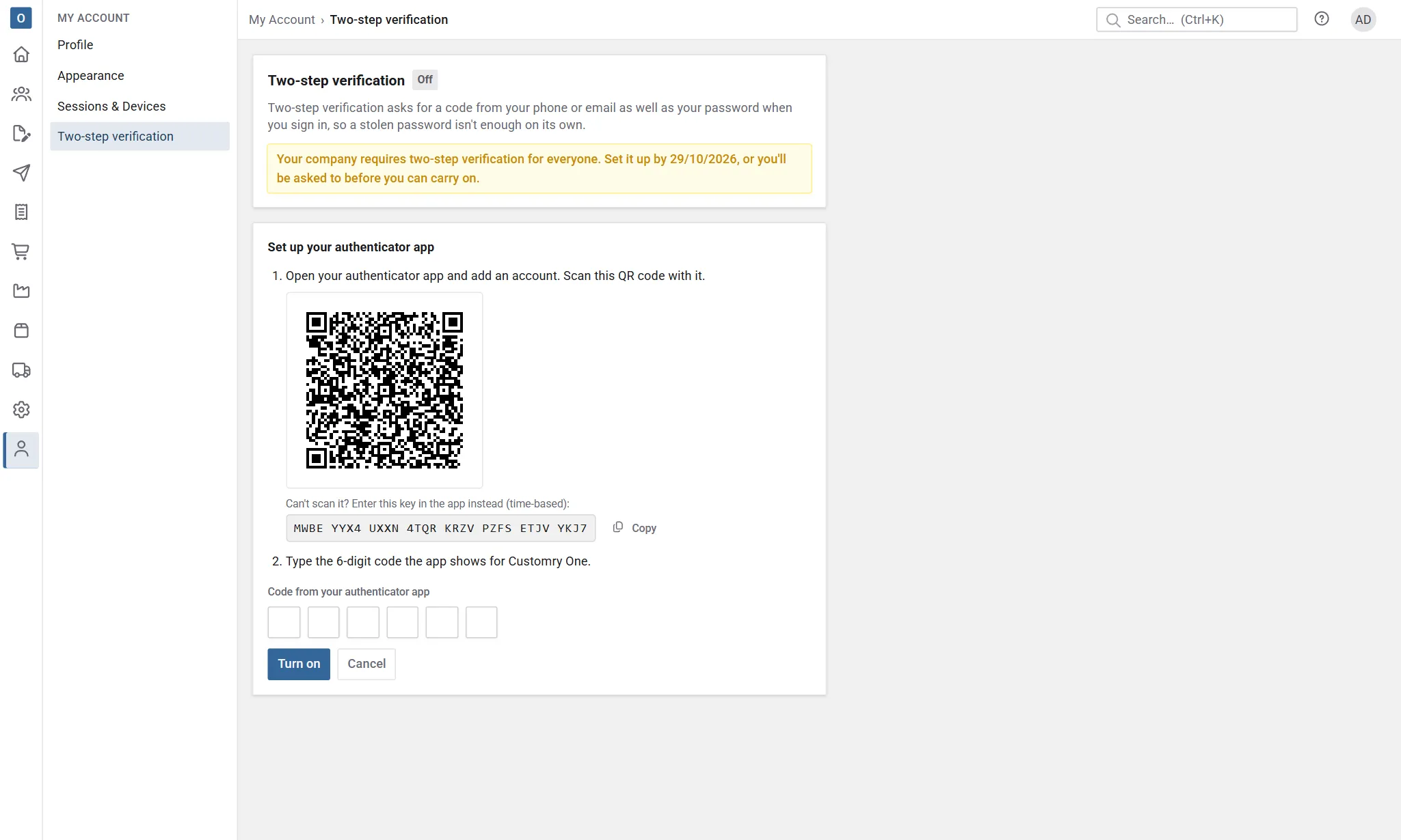 Setting up an authenticator app: the QR code, the key in groups of four with Copy, and the boxes for the app's code with Turn on.