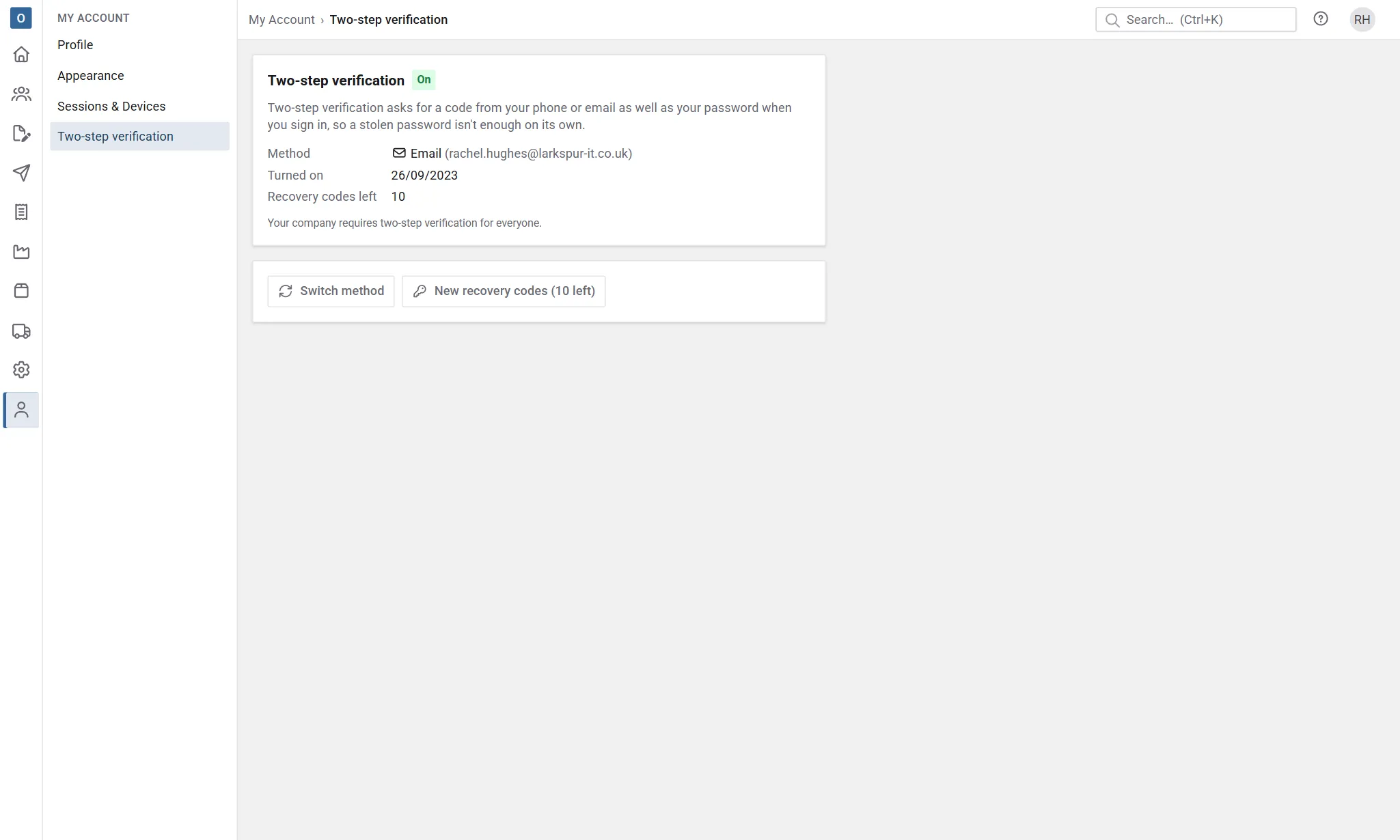 My Account → Two-step verification with it on: email codes, the date it was turned on, 10 recovery codes left, and Switch method and New recovery codes.