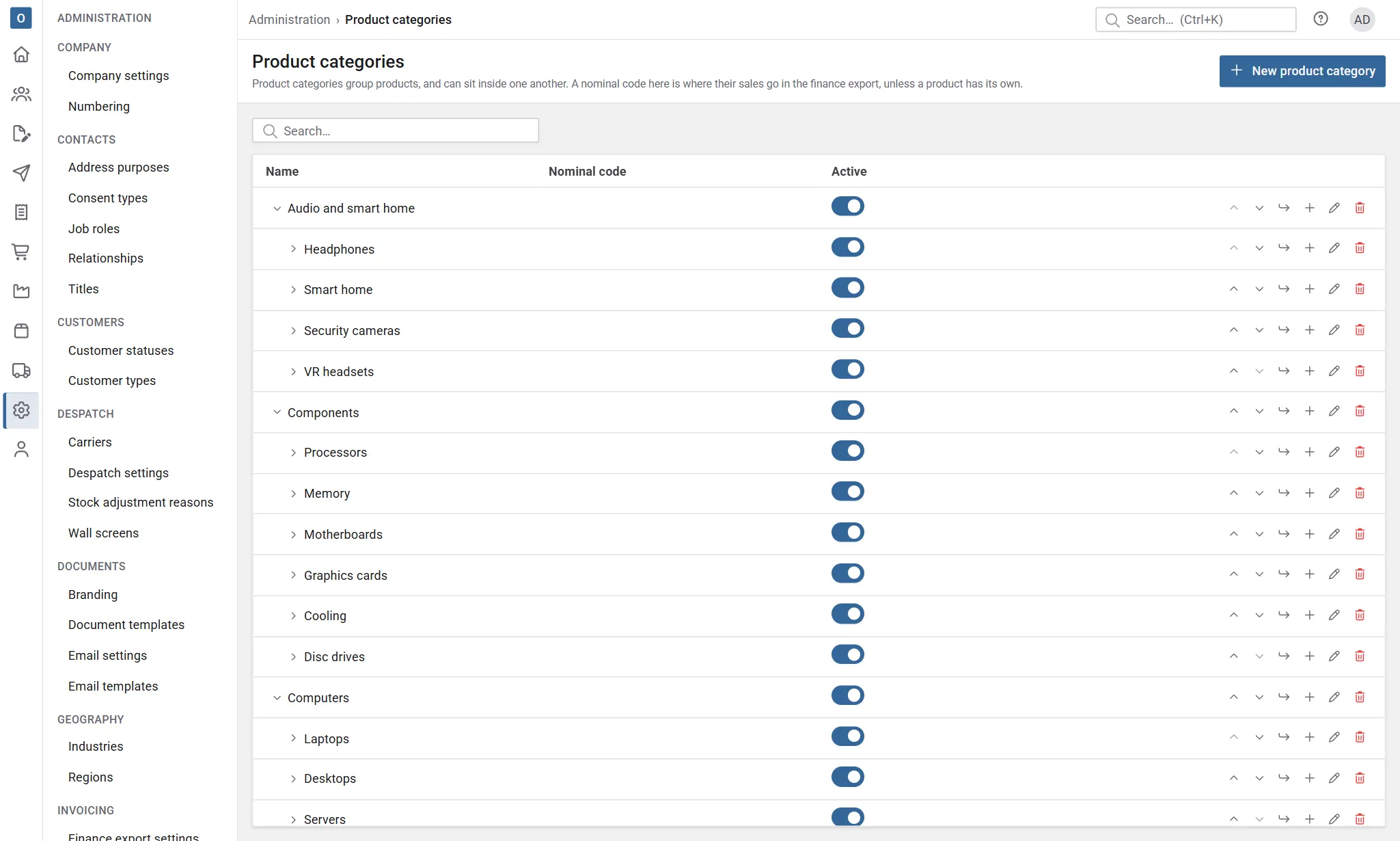 Product categories as a tree: top-level groups such as Components, with sub-categories such as Processors under them, and buttons on each row to move a category, add one under it or below it, edit it or delete it.
