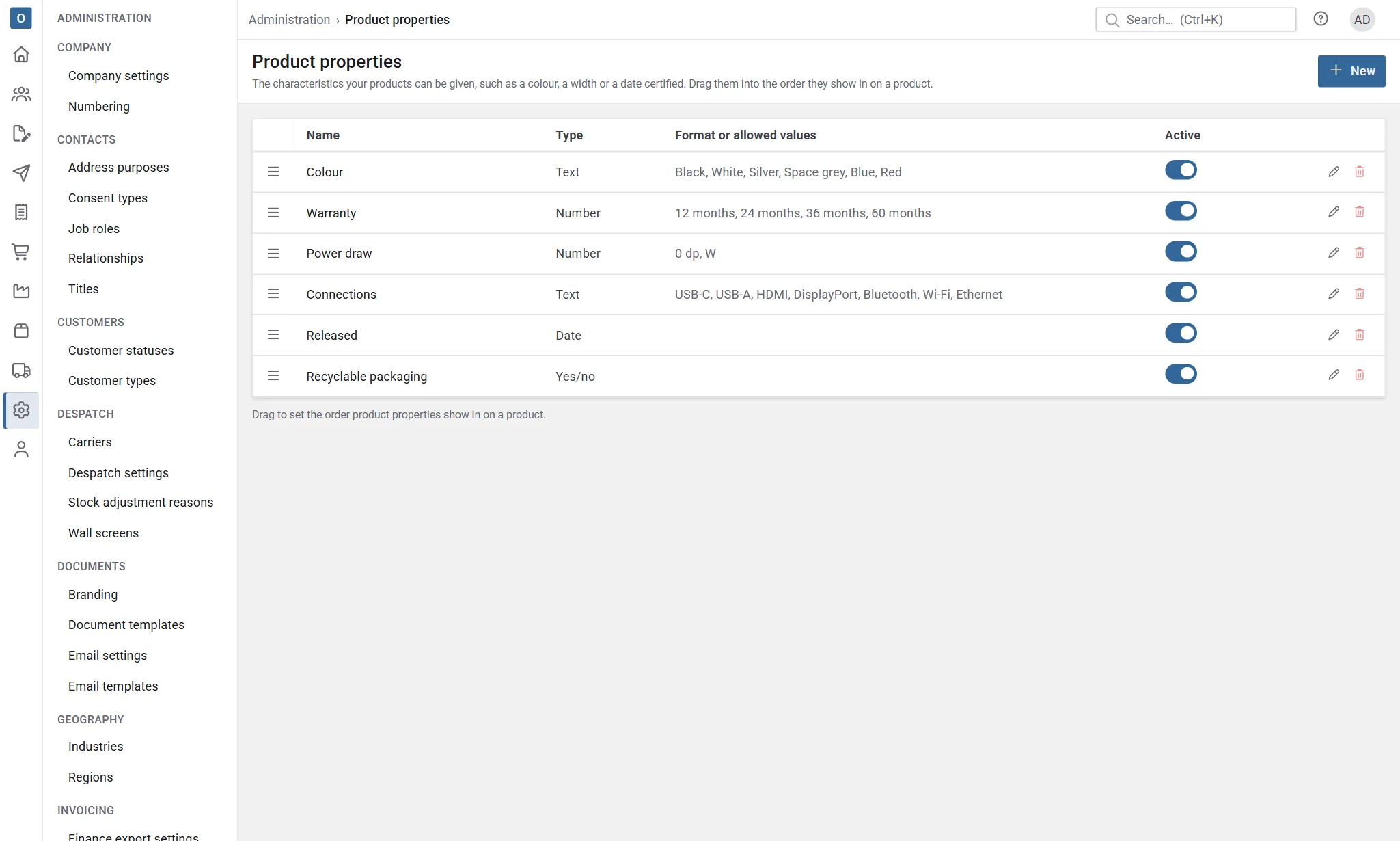 The Product properties list: each property's name, type, format or allowed values, and whether it's active.