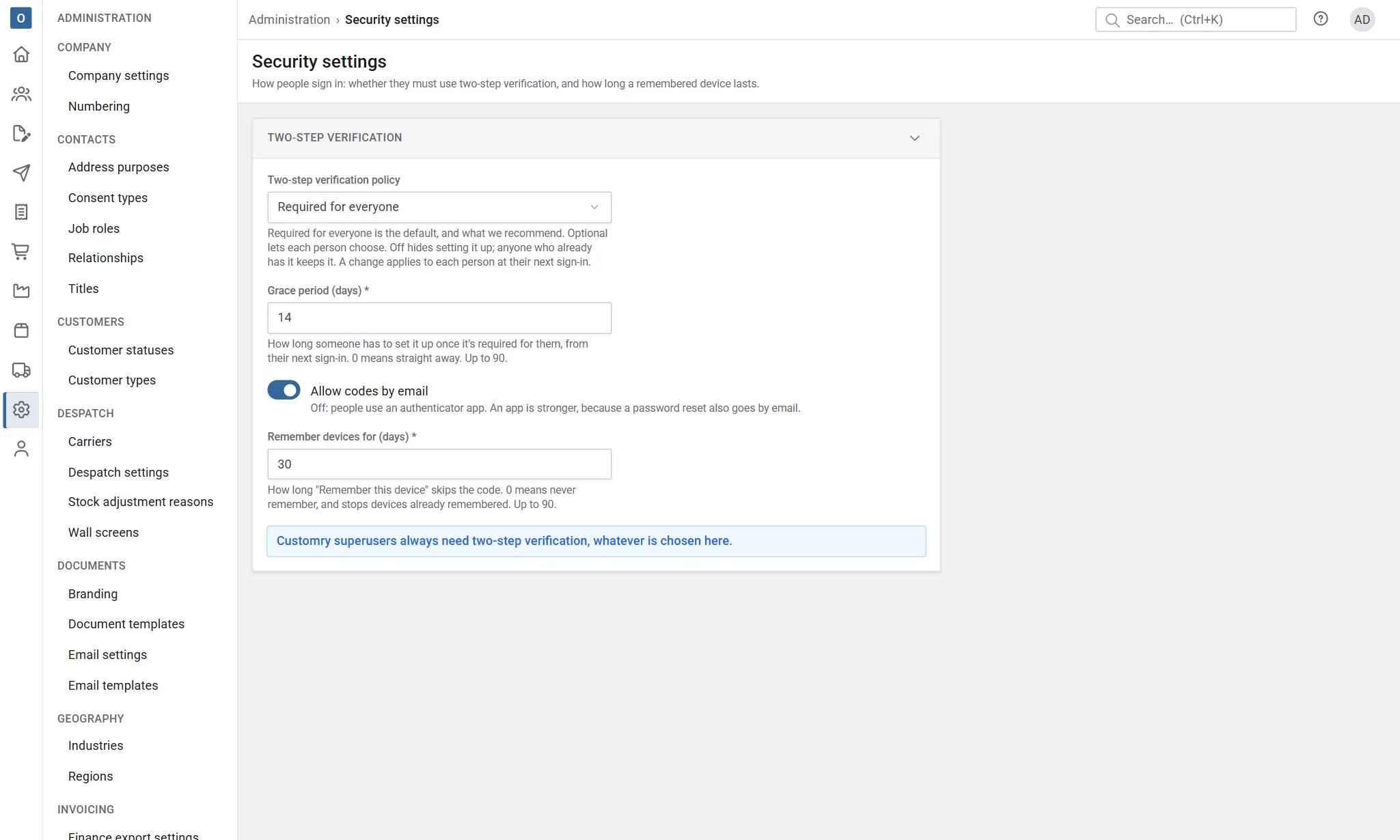 Security settings: Required for everyone, a 14-day grace period, codes by email allowed, devices remembered for 30 days.