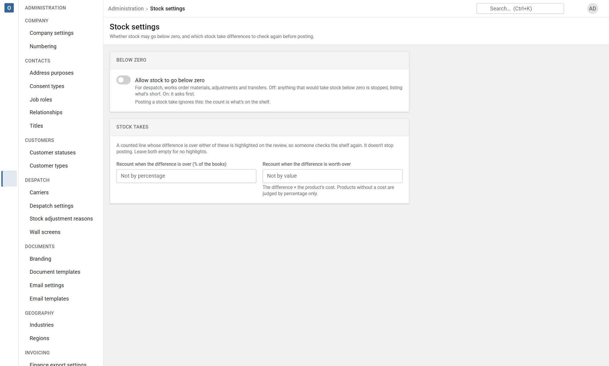 Stock settings: Allow stock to go below zero, and the recount threshold for stock takes.