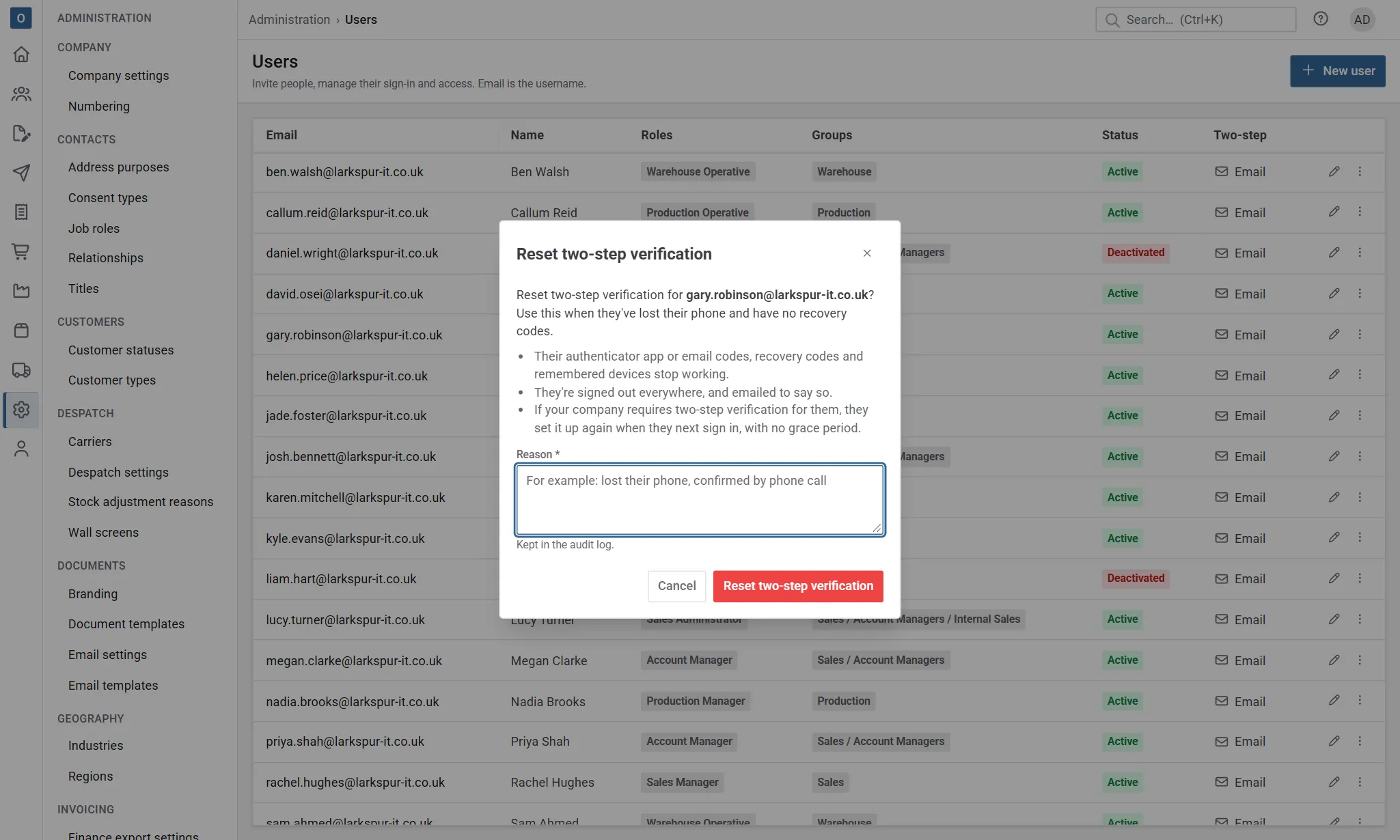 The Reset two-step verification dialog: what happens, the Reason box, and the red Reset two-step verification button.