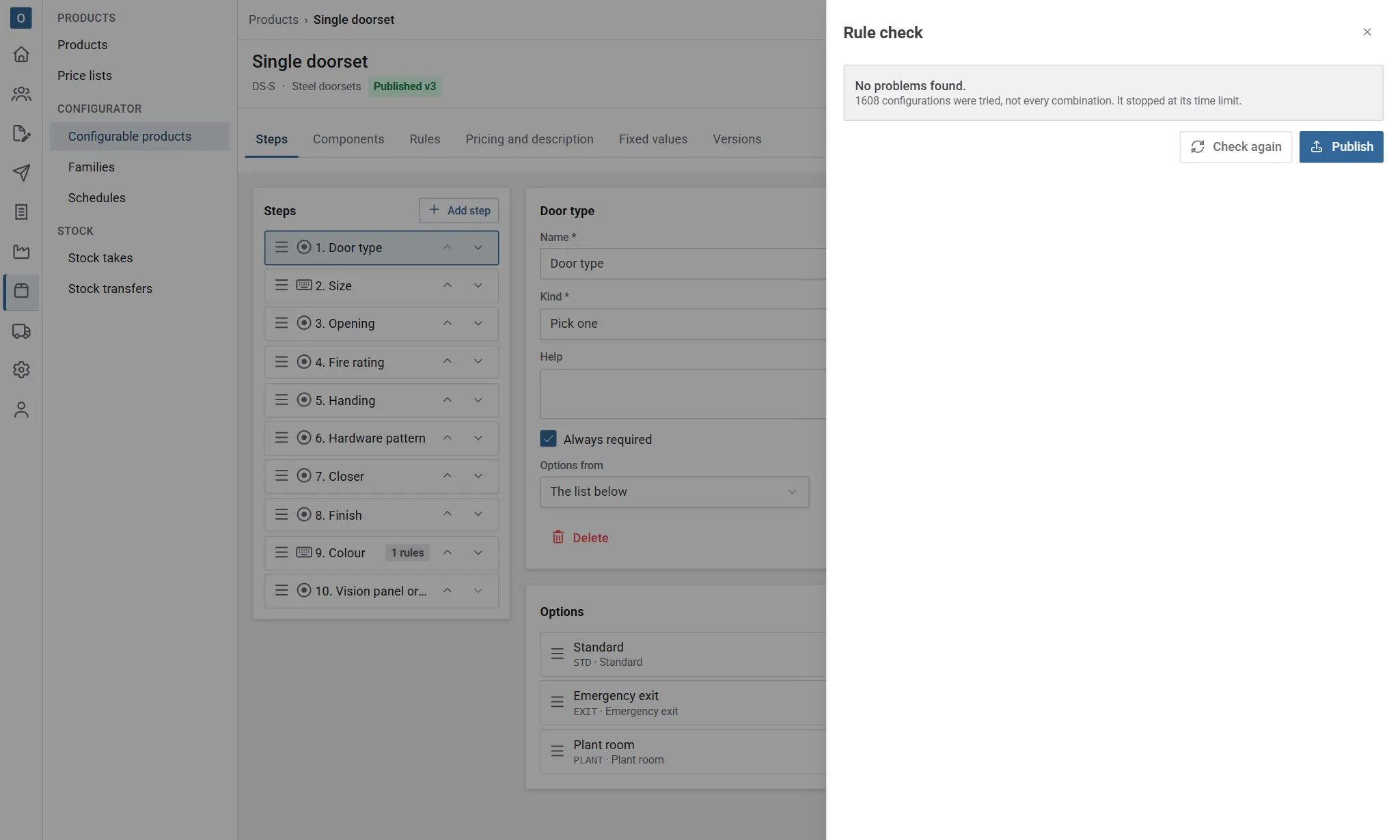 The rule check: no problems found, with how many configurations were tried, and the Check again and Publish buttons.