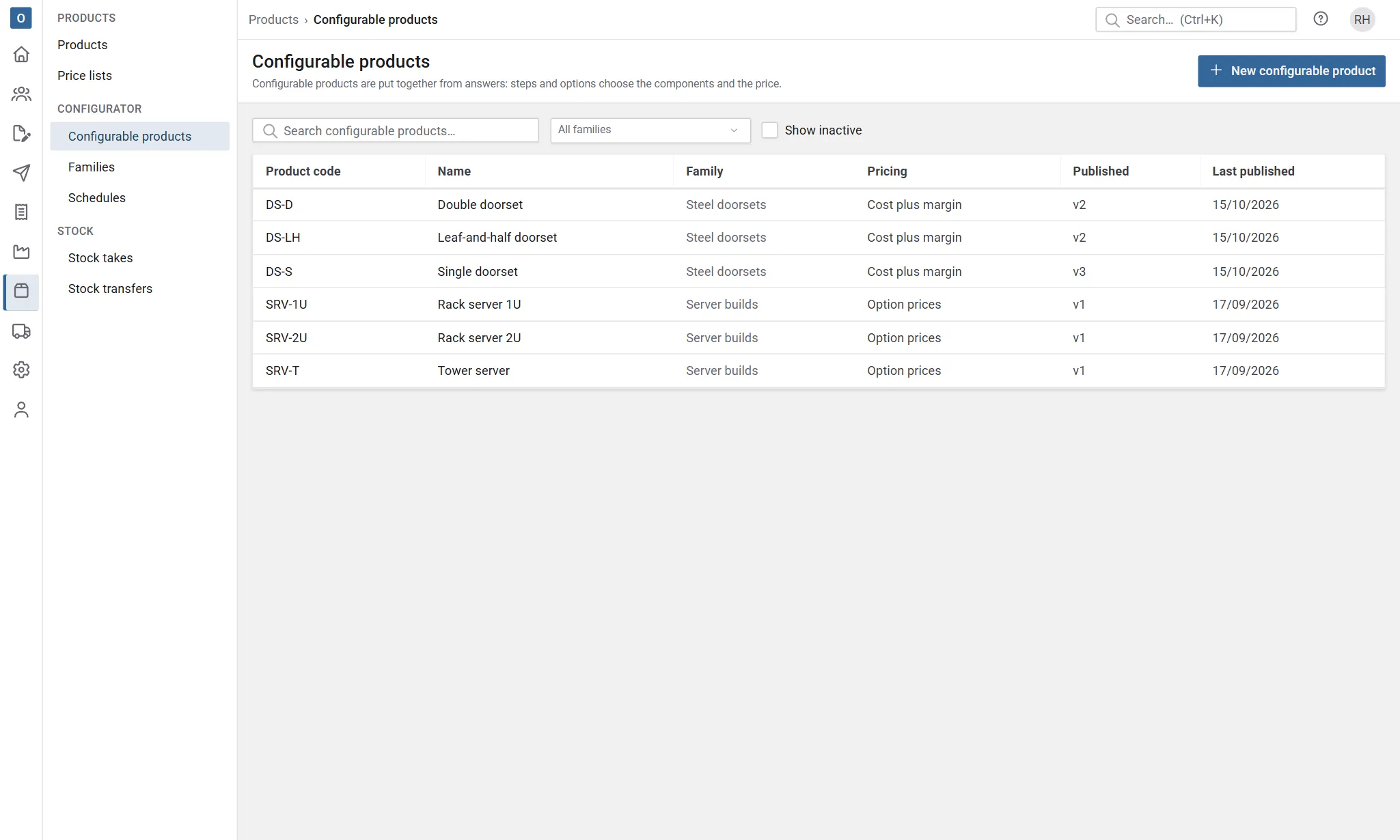 The Configurable products list: each product with its family, how it is priced, the published version and whether the draft has changes.