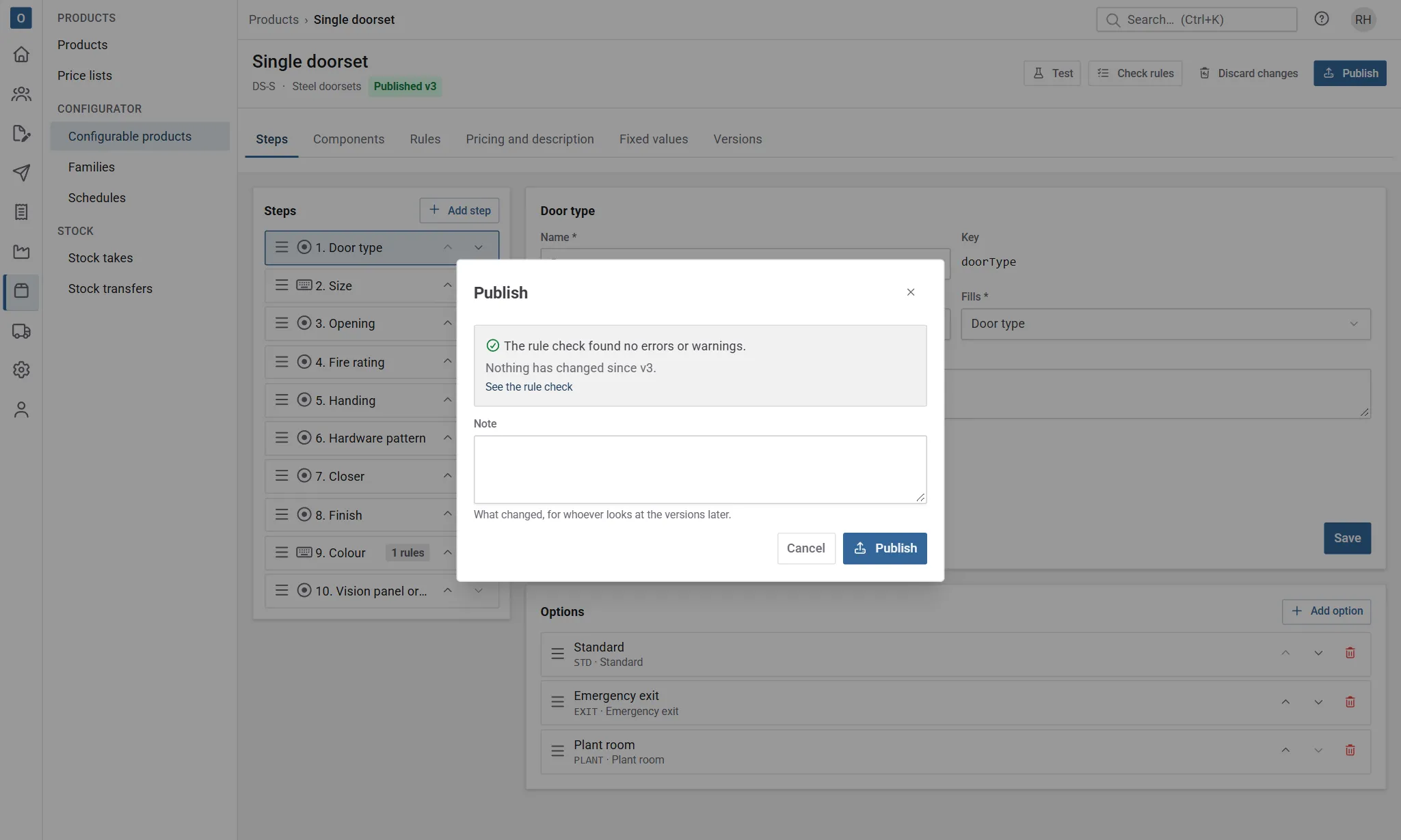 The Publish dialog: the rule check found no errors or warnings, this will be v2, and a note for the versions list.