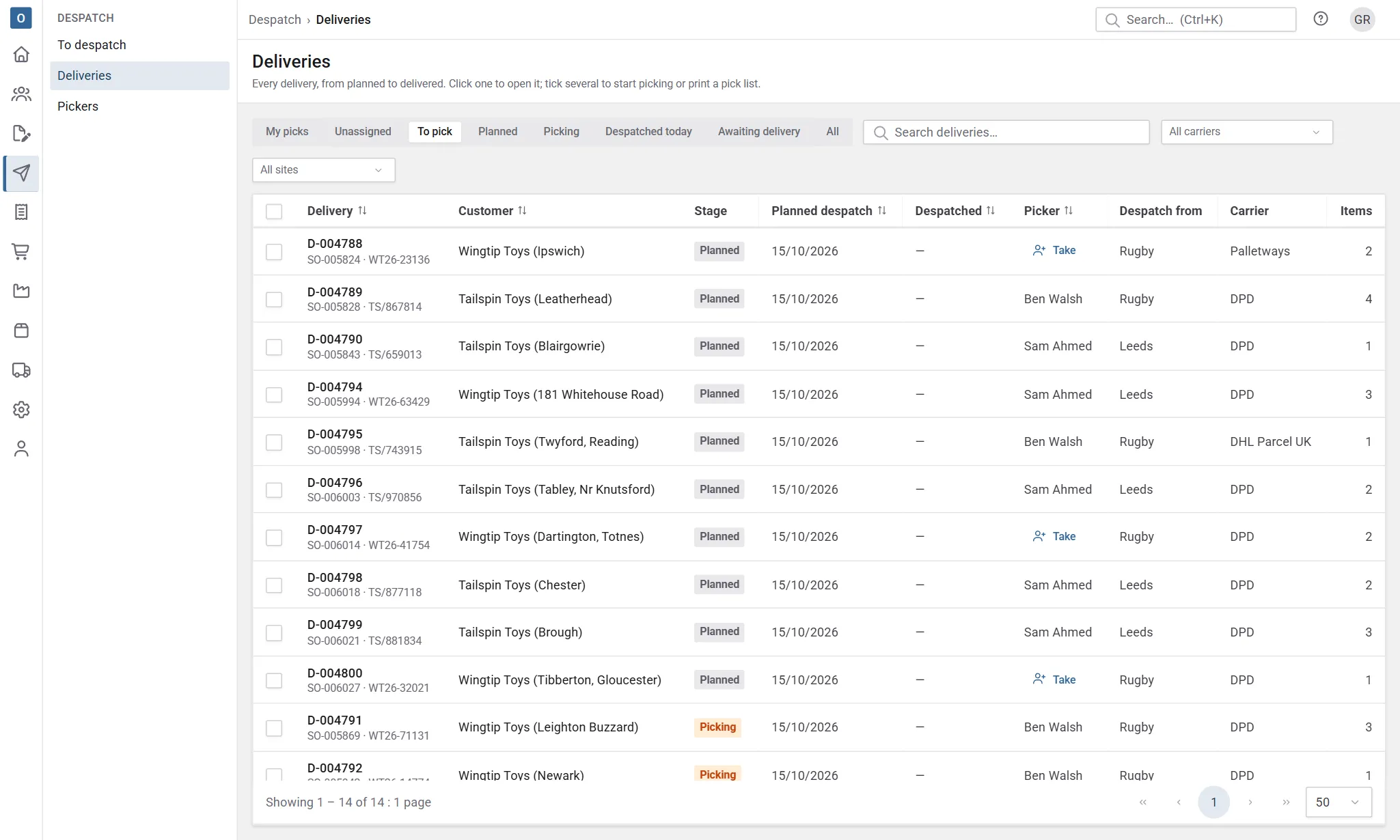 The Deliveries list, where you tick deliveries to start picking.