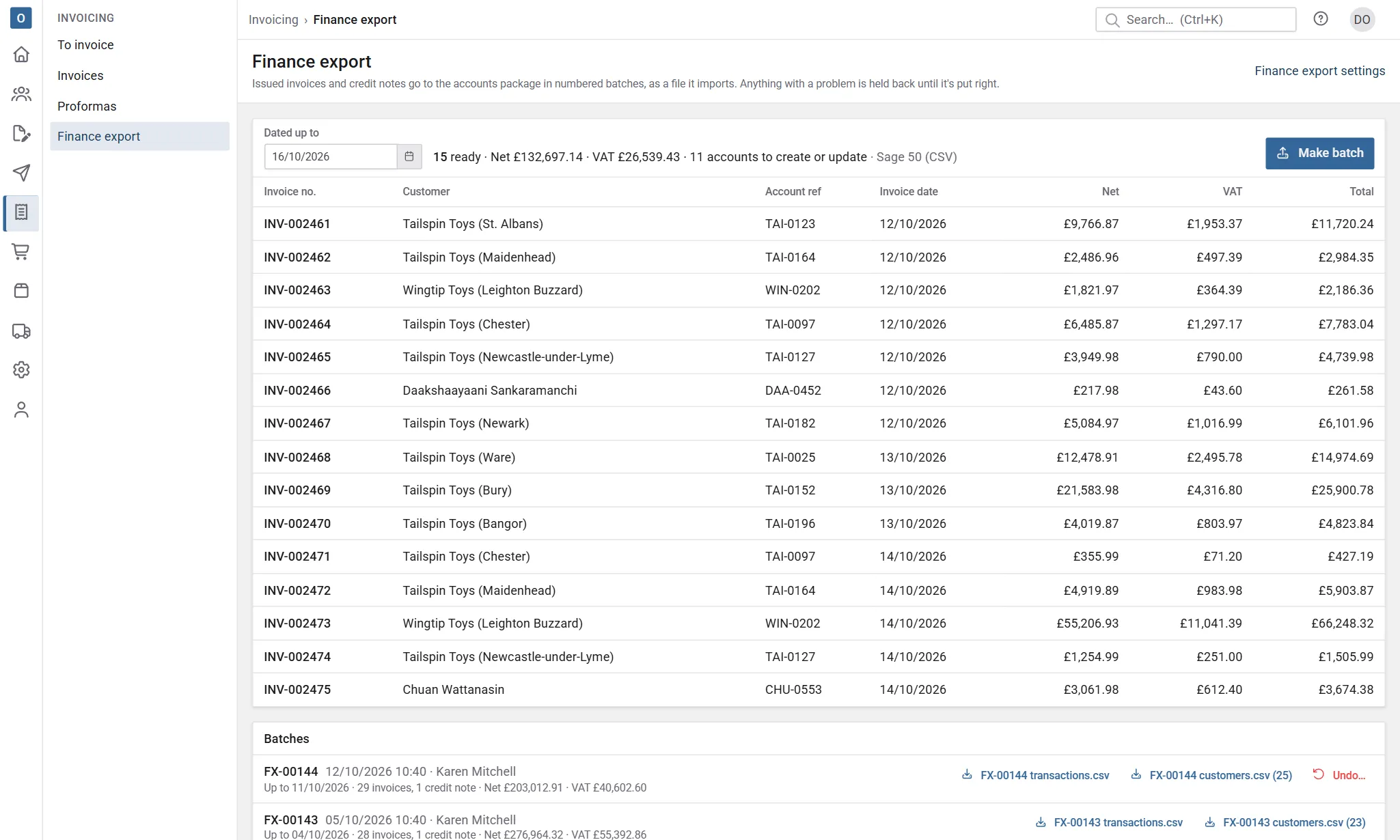 Finance export: what is ready to go, the Make batch button, and earlier batches with their files.
