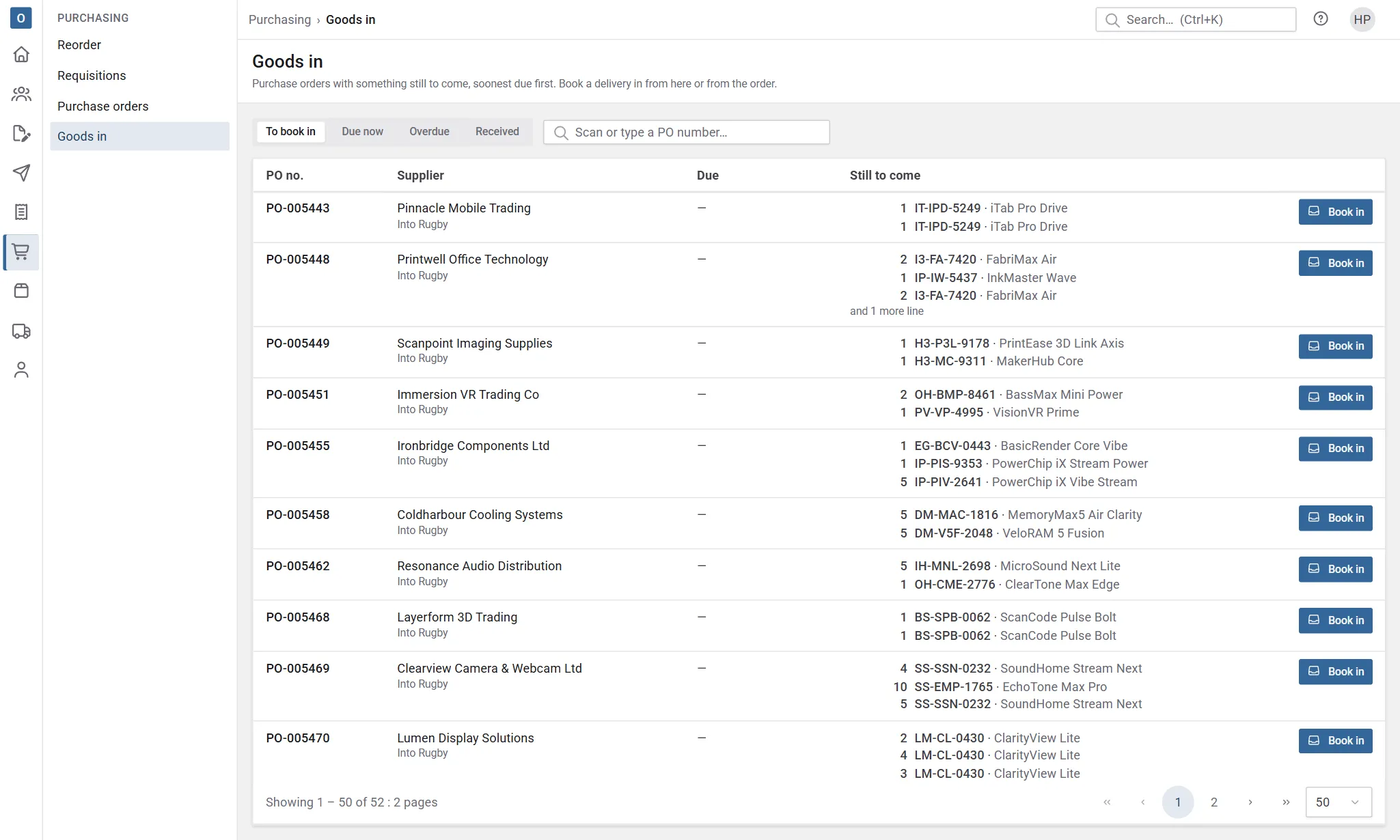 Goods in: purchase orders with goods still to arrive.