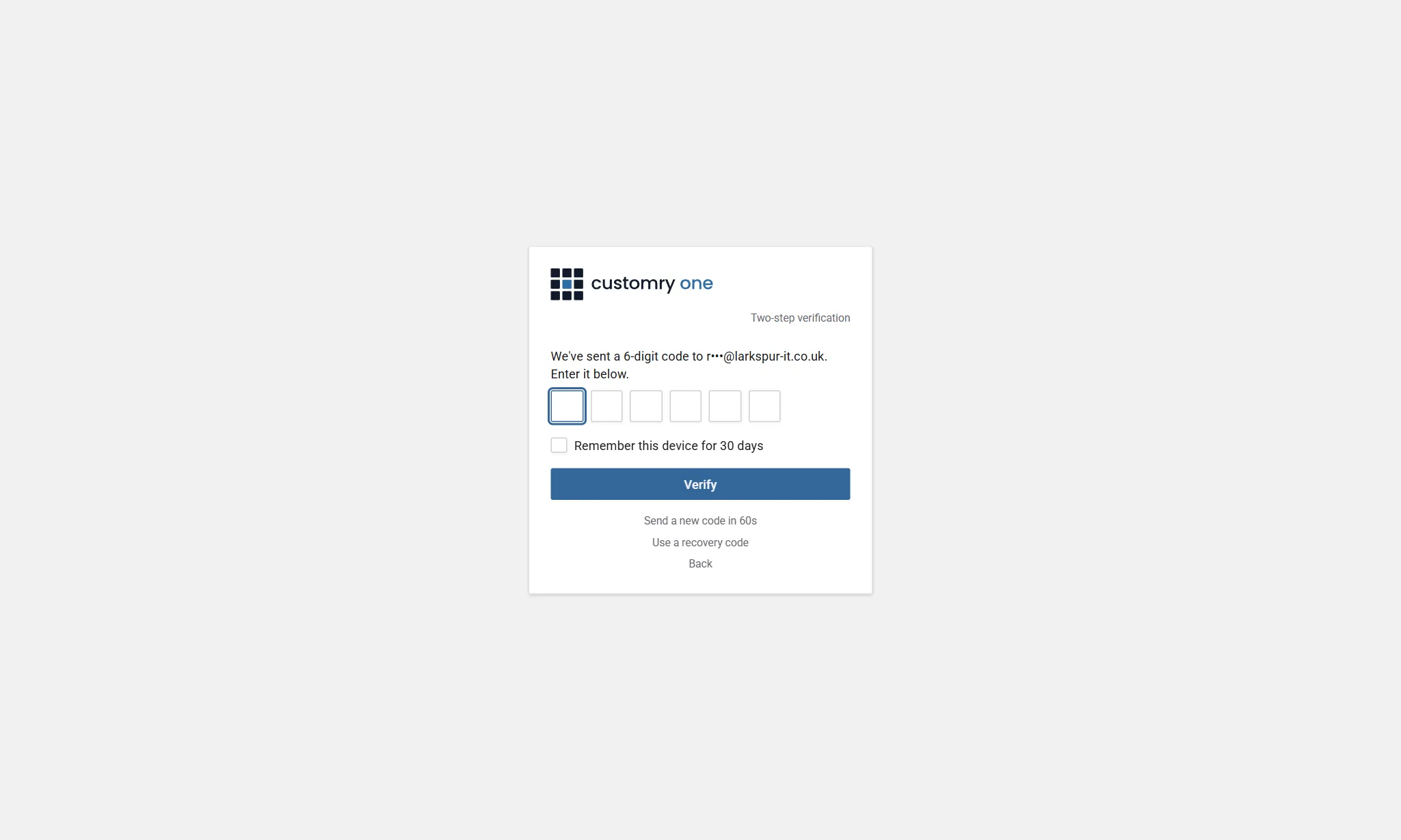 The code step after the password: six boxes for the code emailed to r•••@larkspur-it.co.uk, Remember this device for 30 days, Verify, and links to send a new code, use a recovery code or go back.