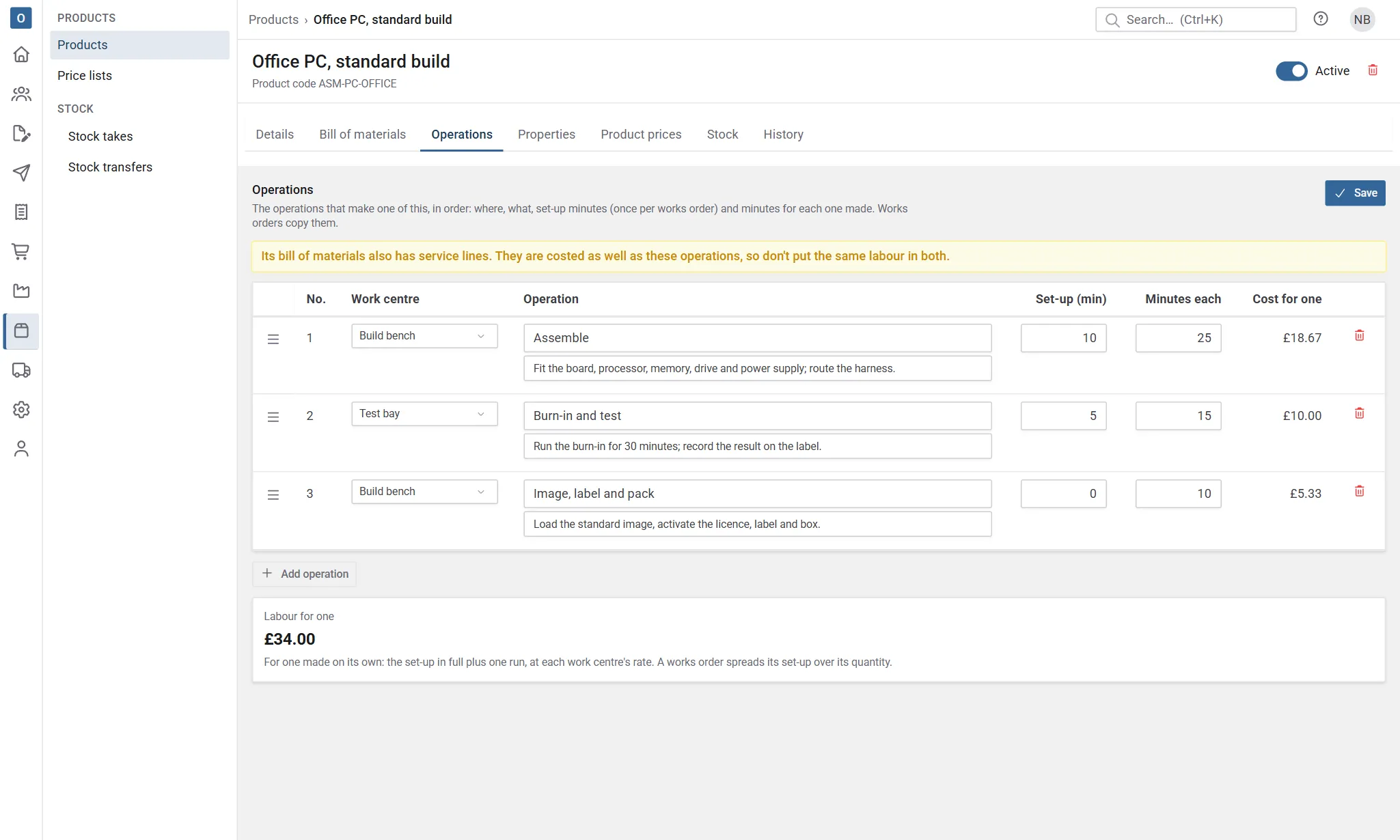 An assembly's Operations tab: three operations at two work centres with set-up minutes, minutes each and the cost for one, and a warning that its bill also has a service.