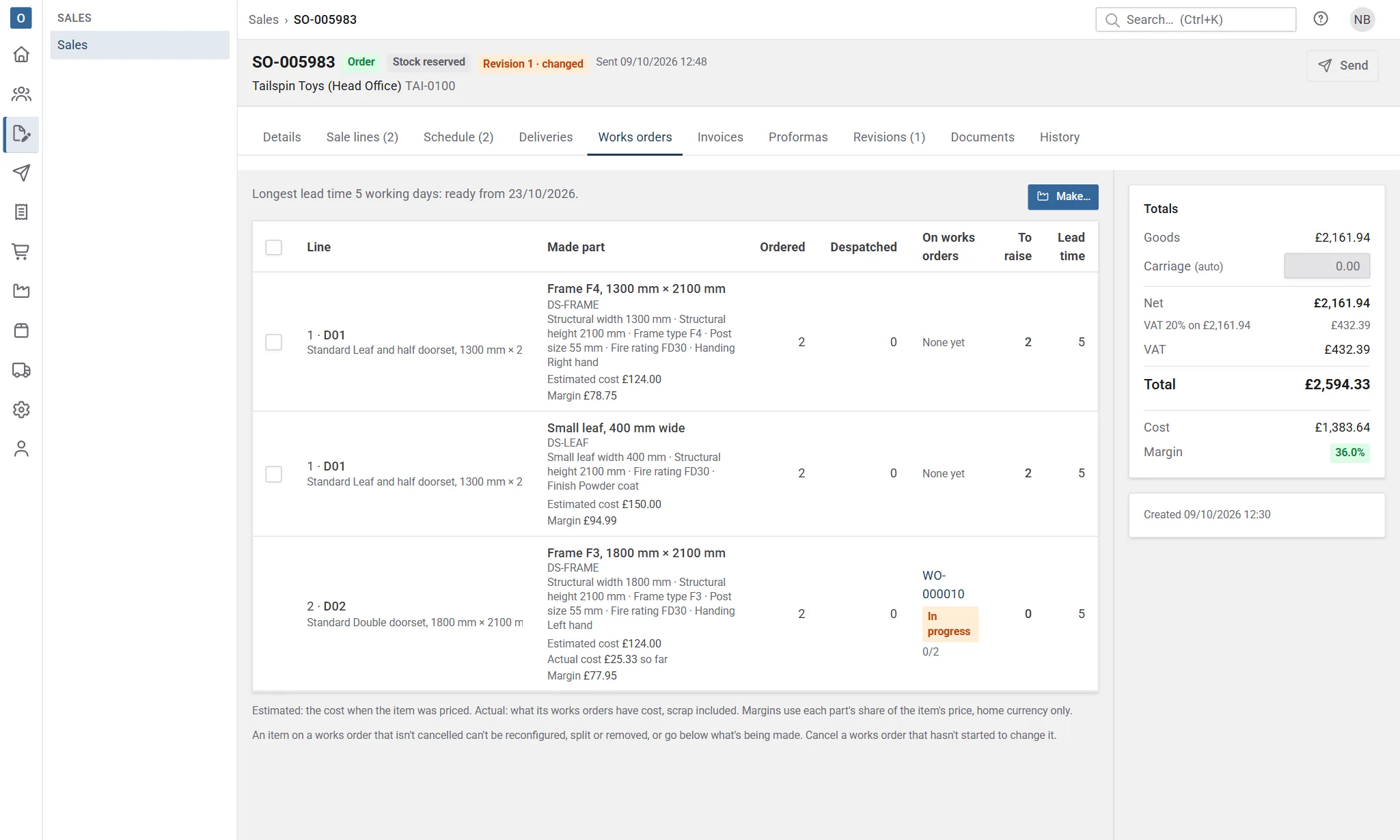 An order's Works orders tab: each made part with its specification, its works orders, how many are still to raise, and its estimated and actual cost.