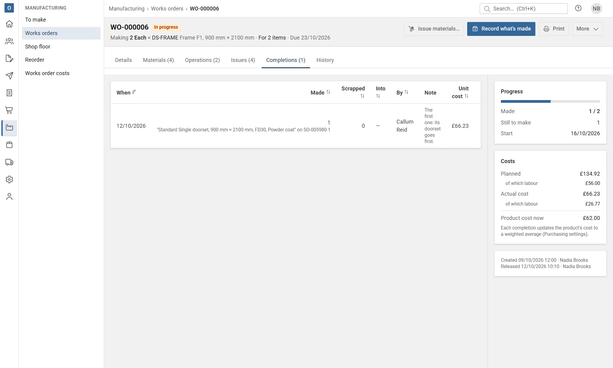 The Completions tab of a shared works order: a completion of 1, shared to D01, with Re-allocate… and Reverse….