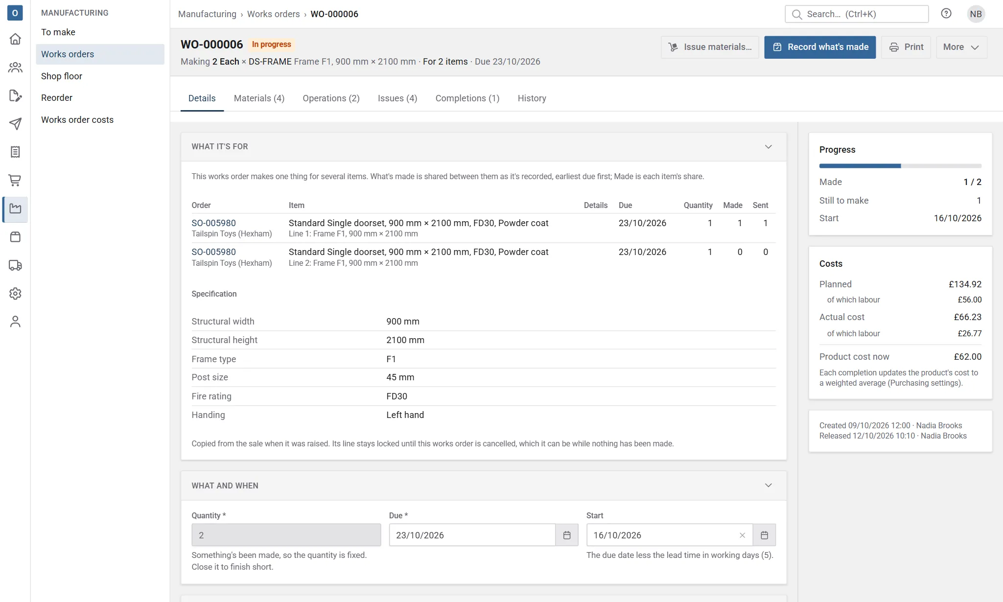 A works order for two identical items: each item's order, reference, details, due date and quantity, with one made and sent for the first.