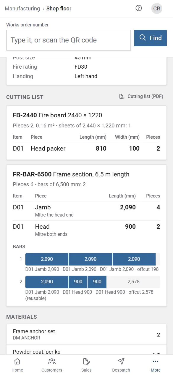 The Shop floor on a phone: a works order's cutting list, with the pieces of each material and its bars.