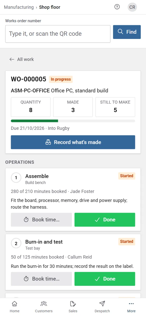 A works order on the Shop floor: how many are made and still to make, Record what's made, and each operation with Book time and Done.