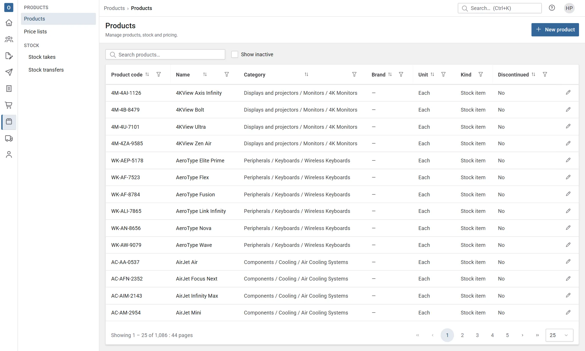 The Products list: product codes and names with their category, brand, unit, kind and whether they're discontinued.