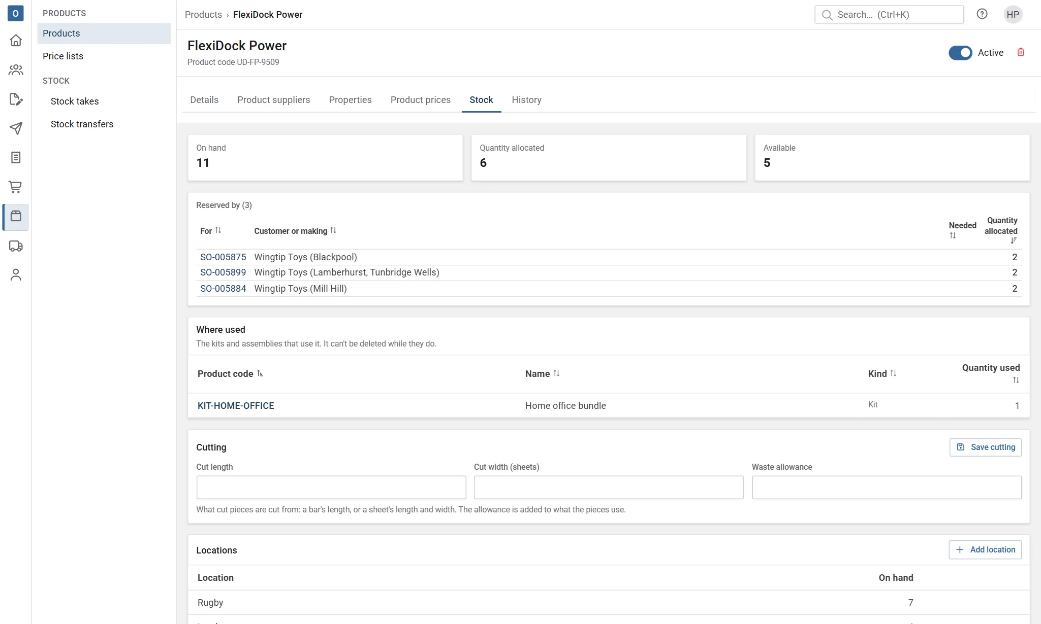 A product's Stock tab: on hand, allocated and available, what's reserved, its locations and its stock movements.