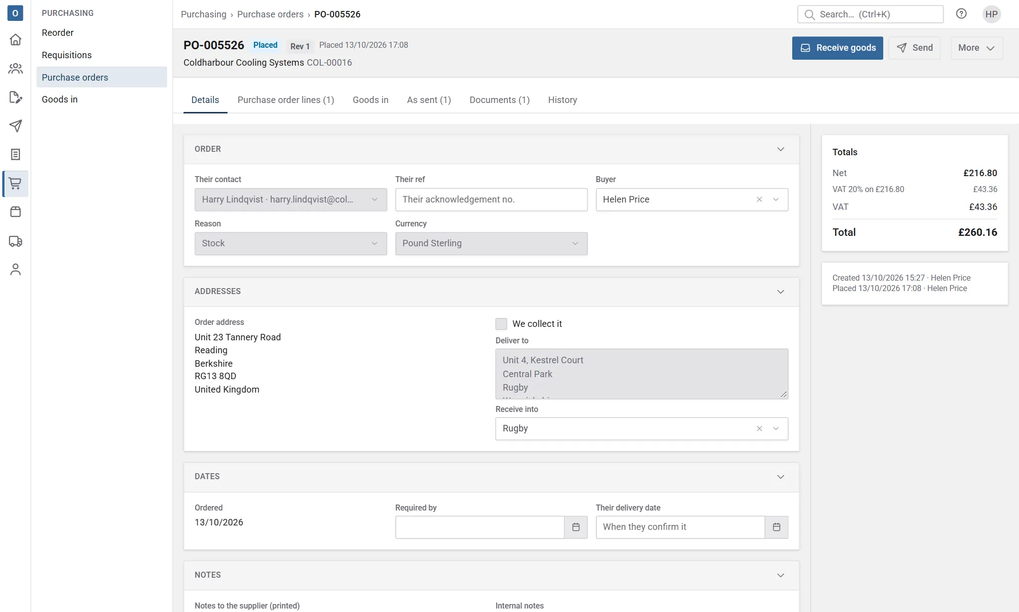 A placed purchase order on its Details tab, with Receive goods and Send.