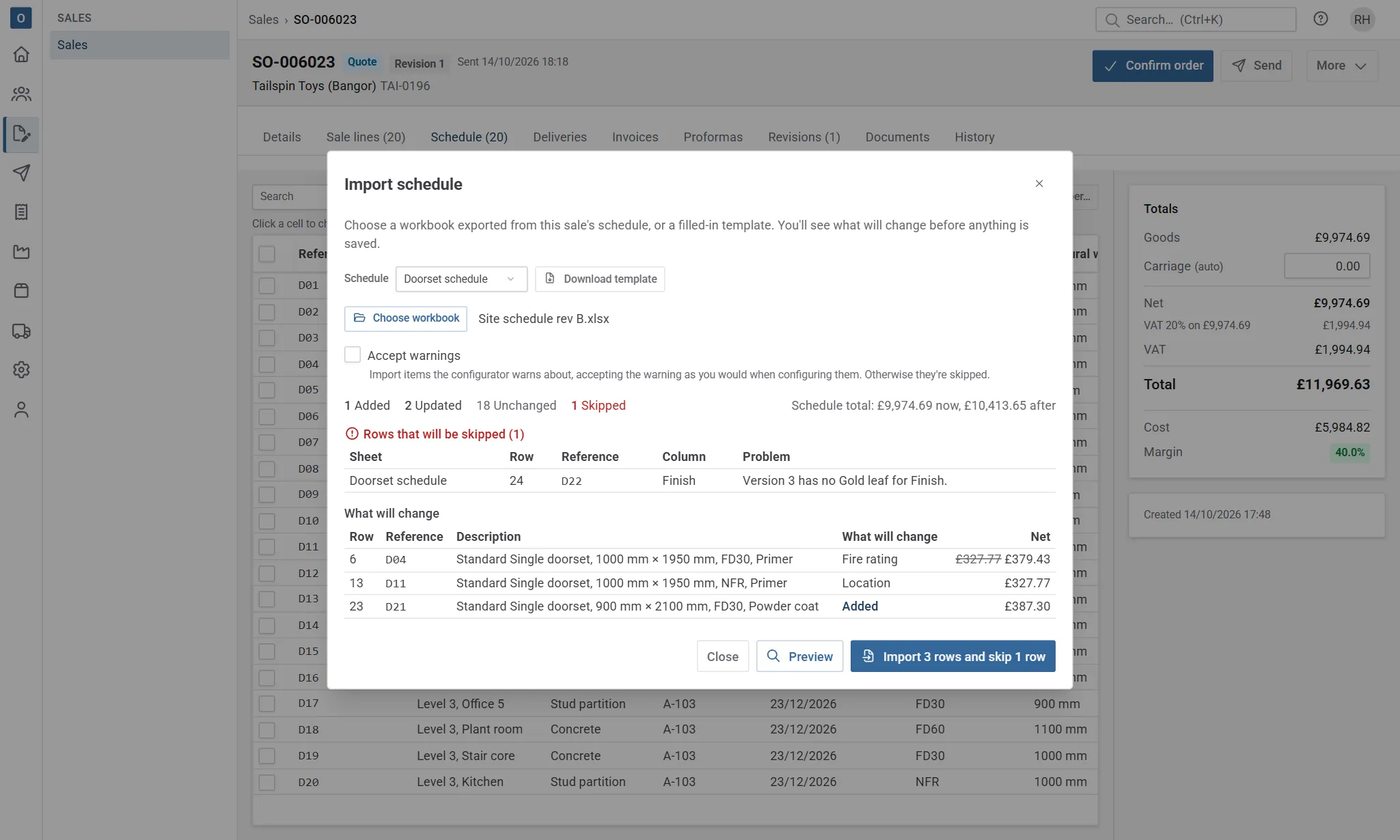 The import preview for an edited schedule workbook: one item added, two updated, eighteen unchanged and one row skipped because its finish isn't one the product has, with what will change on each item.