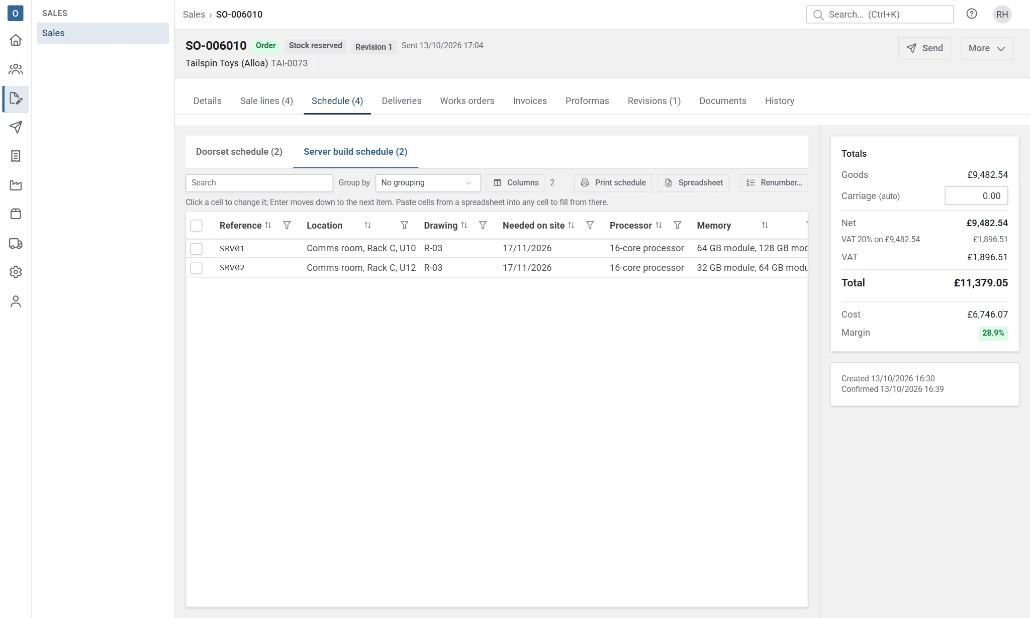 An order's Schedule tab with two sub-tabs, Doorset schedule (2) and Server build schedule (2), the second chosen: its two servers with their references, locations, drawings, dates and the server family's columns.