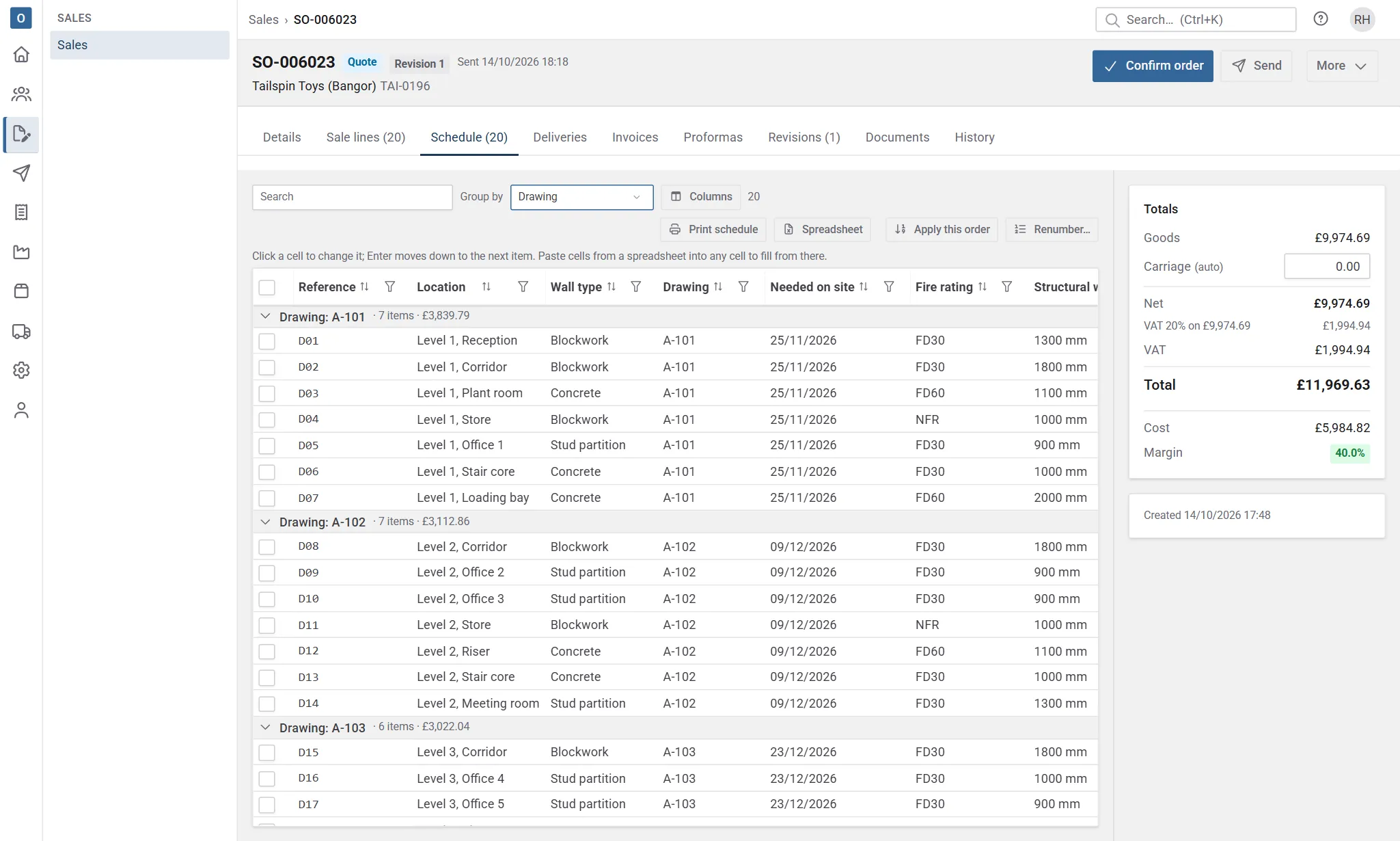 A quote's Schedule tab with twenty doorsets grouped by drawing: each group heading gives its number of items and net total, and each row its reference, location, wall type, drawing, date needed on site, fire rating and width.