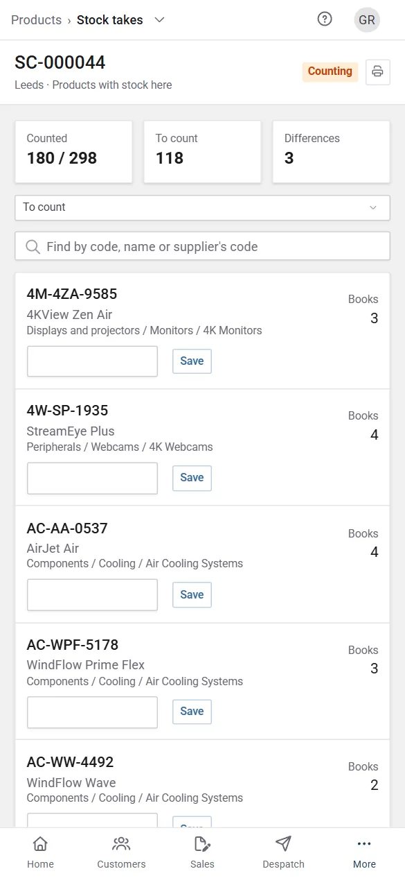 A stock take being counted on a phone: progress at the top, then each product with a box for the count and Save.